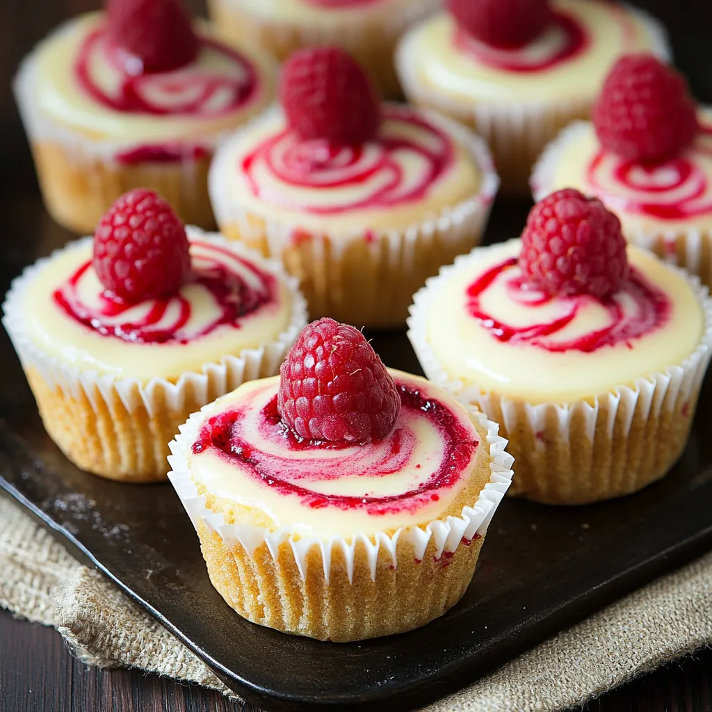 A plate of cupcakes with raspberries on top.
