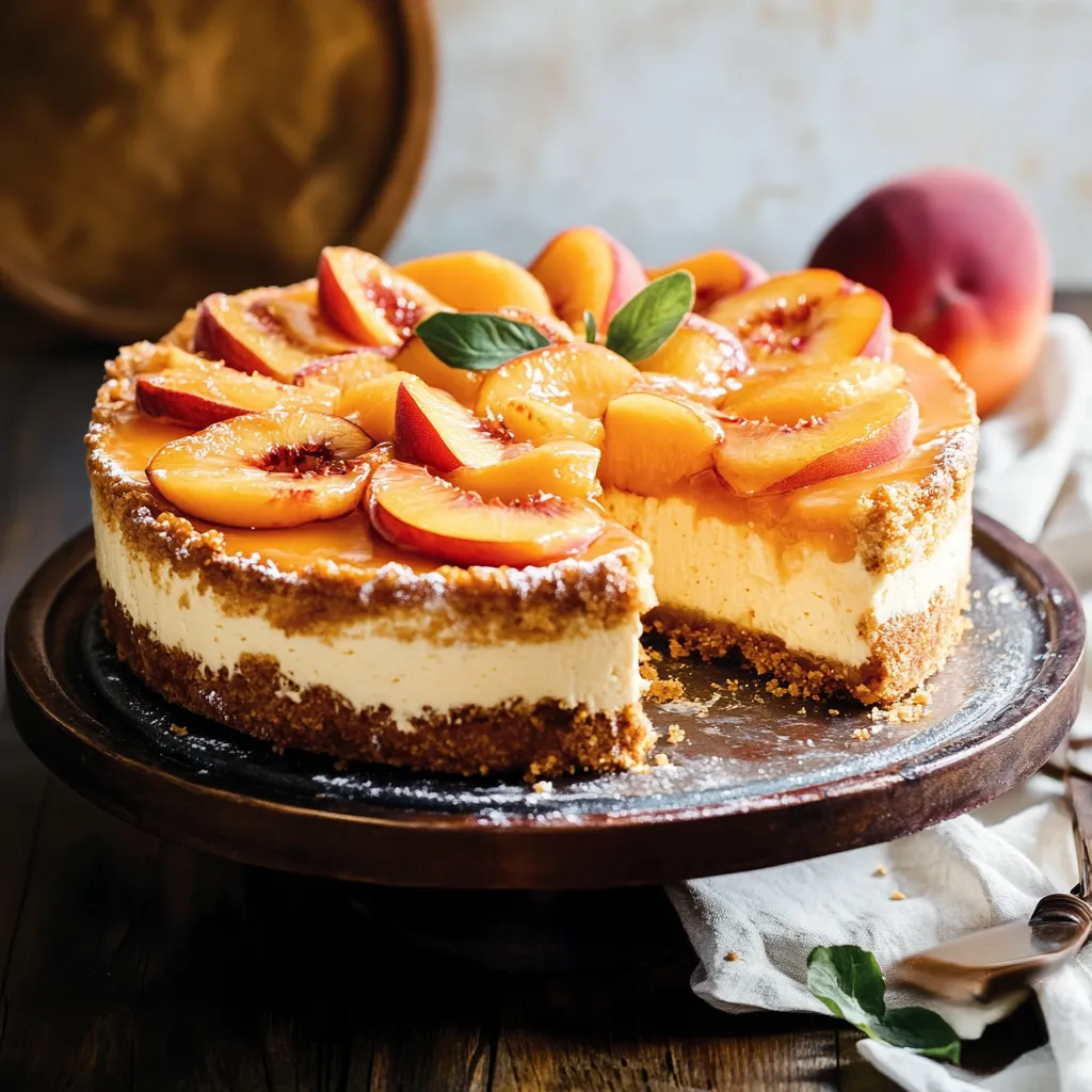 A slice of peach cake on a plate.
