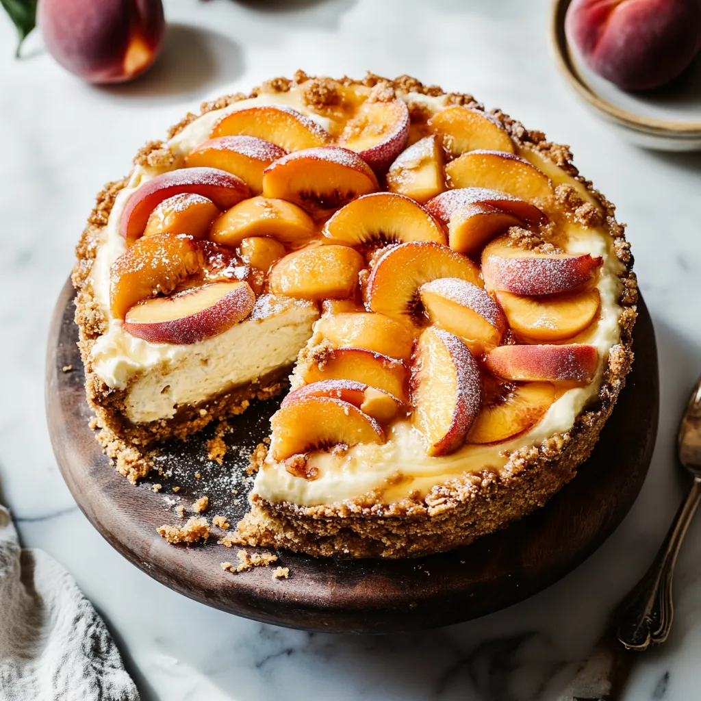 A slice of peach pie on a wooden platter.