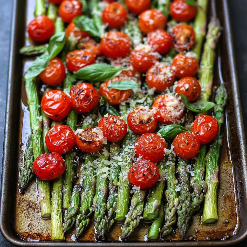 A pan of food with tomatoes, asparagus and basil.