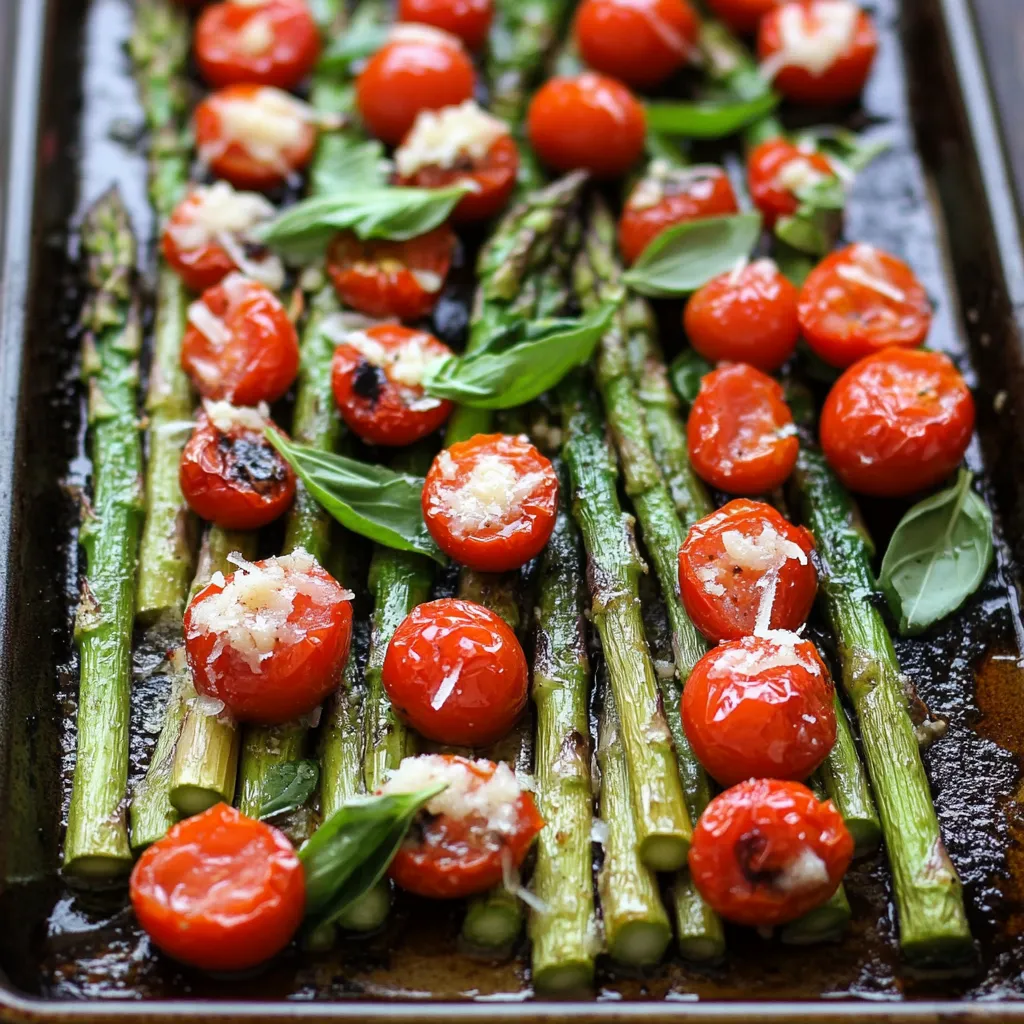 A pan of food with tomatoes, asparagus, and cheese.