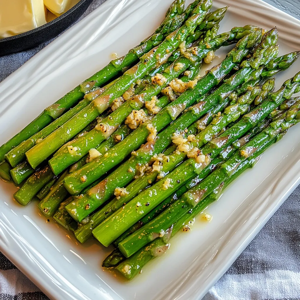 Fresh asparagus topped with melted butter and seasoning, on a plate.