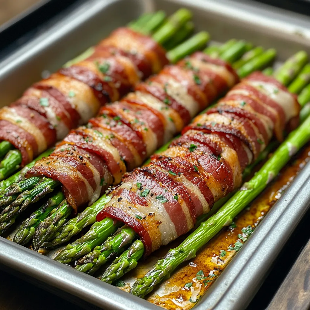 Bacon wrapped asparagus on a pan.