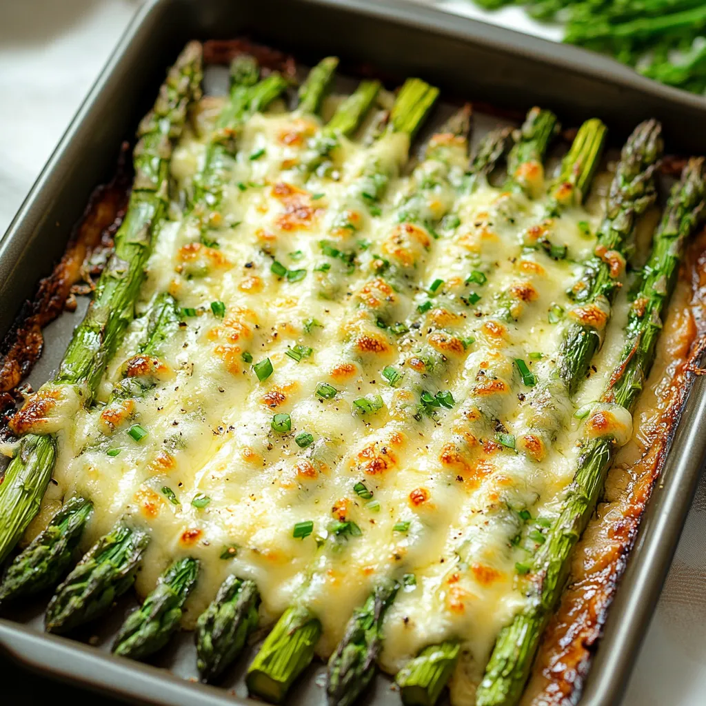 A pan of food with asparagus and cheese.