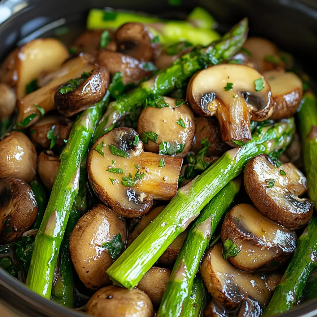 A bowl of mushrooms and asparagus.