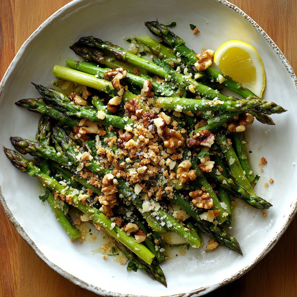 A plate of food with asparagus and nuts.
