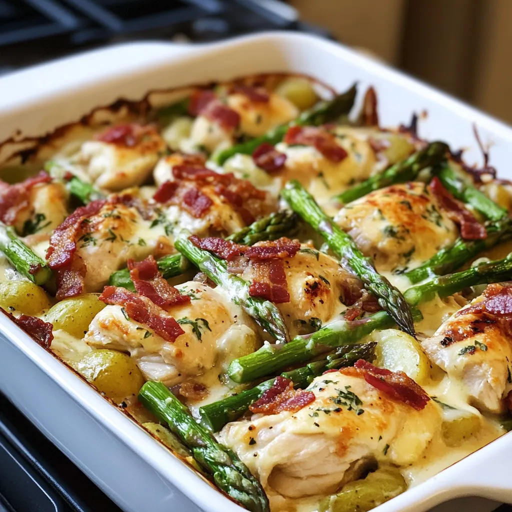 Chicken and asparagus casserole in a baking dish.