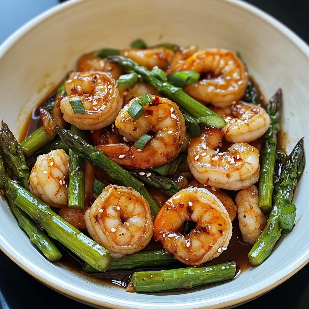 Shrimp and asparagus served in a bowl.