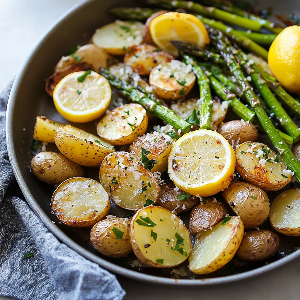 Fresh roasted asparagus and potatoes with lemon wedges in a bowl.