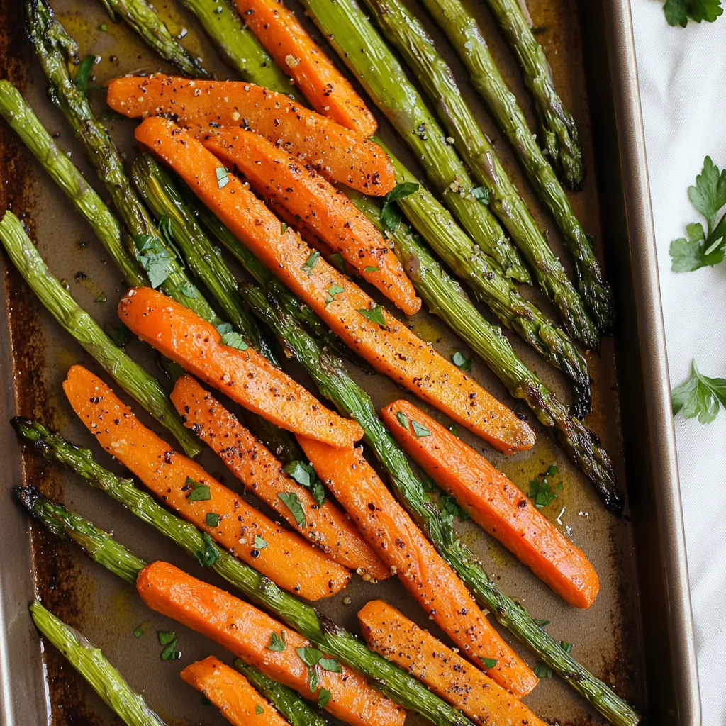 A pan of carrots and asparagus.