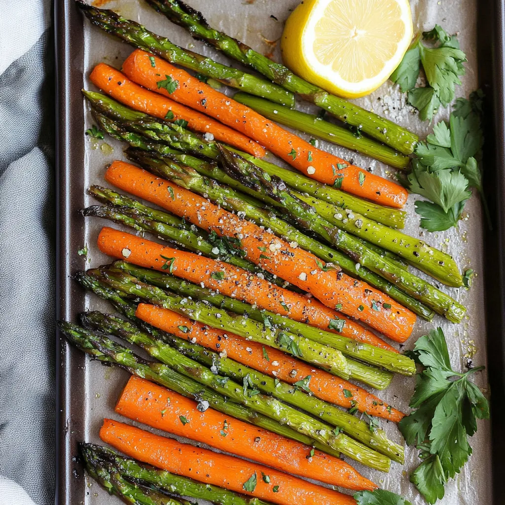 A tray of asparagus and carrots.