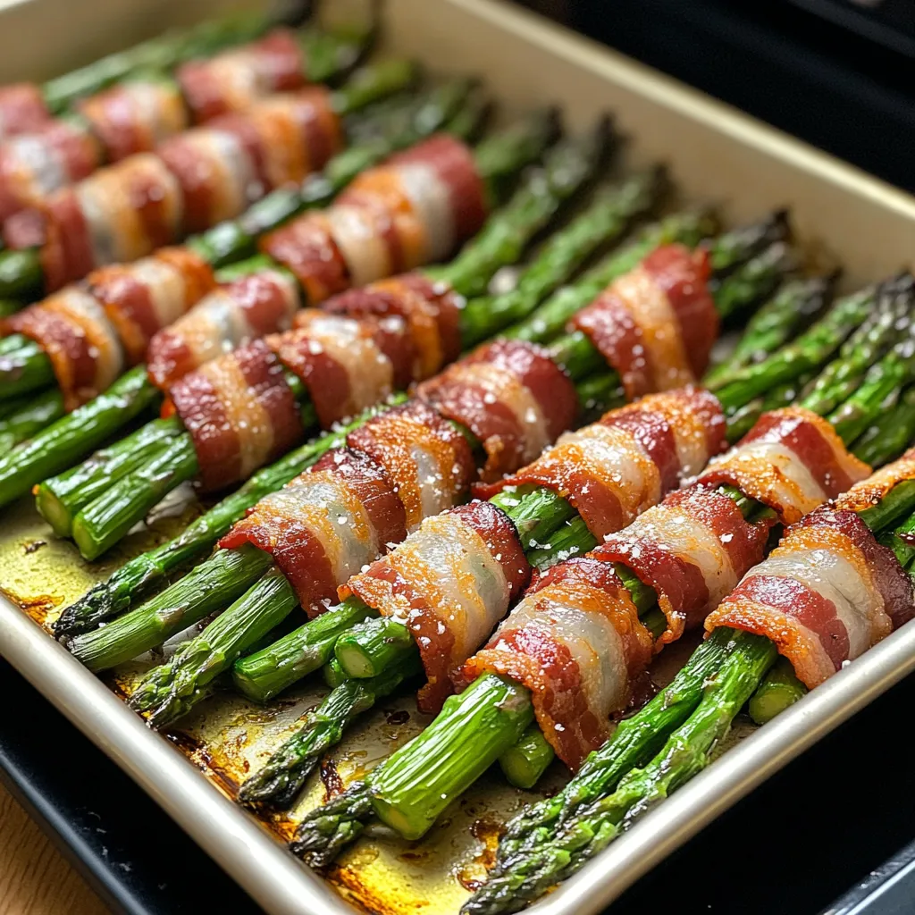 Bundle of asparagus wrapped in bacon sitting on a pan.