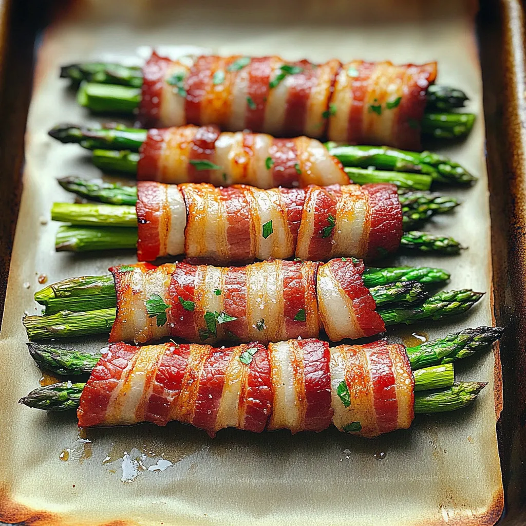 Sheet of bacon-wrapped asparagus fresh from the oven.