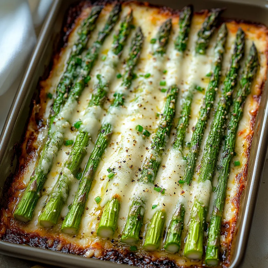 A dish with asparagus and cheese.