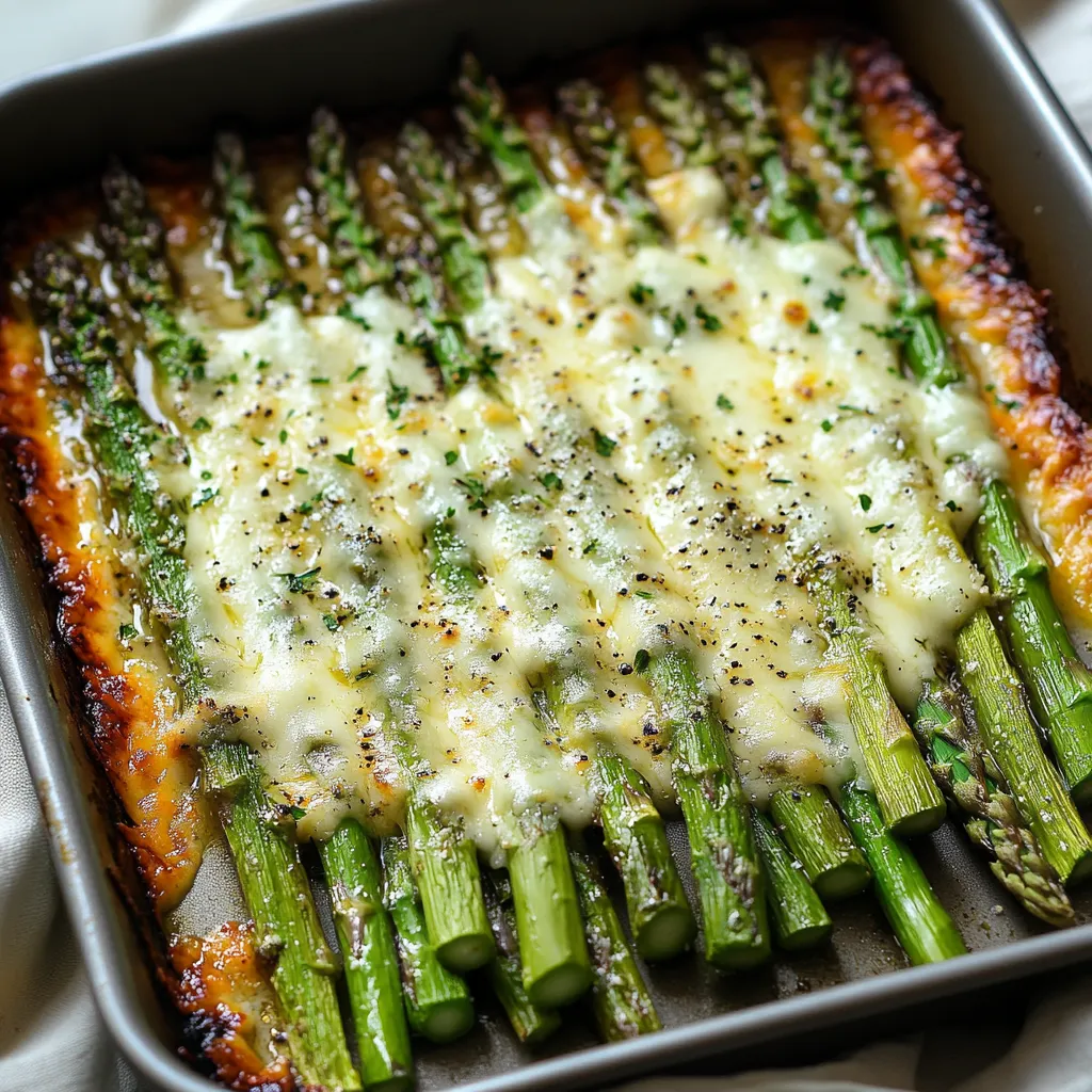 A pan of food with asparagus and cheese.