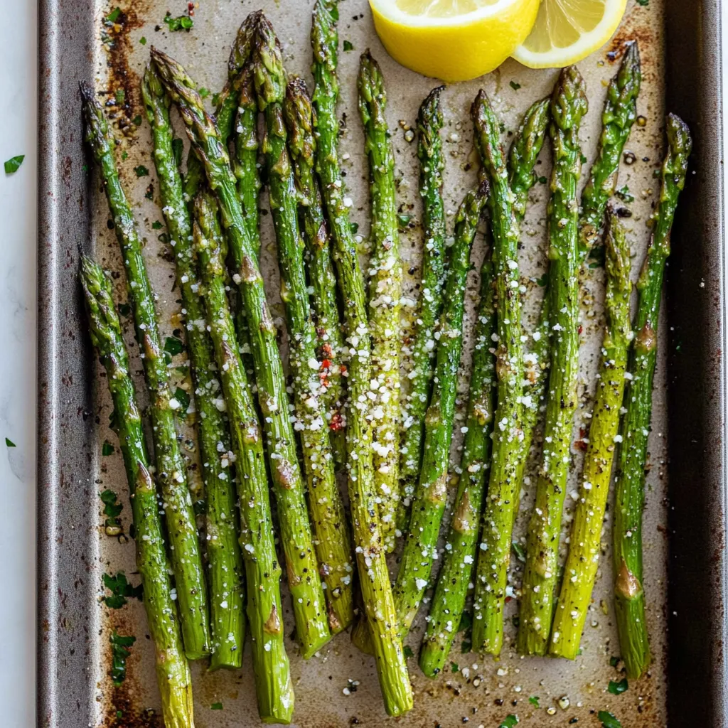 A pan of asparagus with lemon wedges on top.