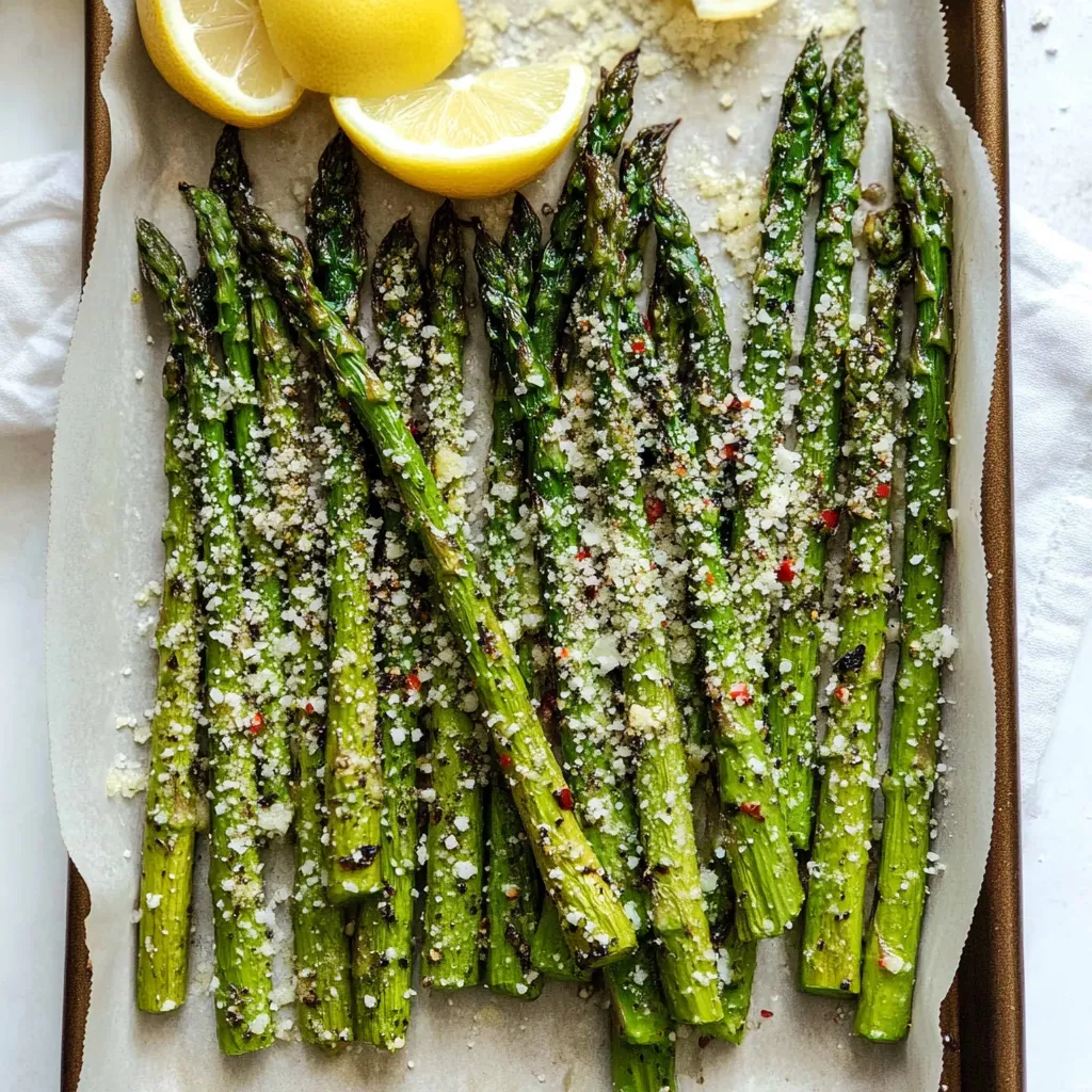 A tray of asparagus with lemon slices on top.