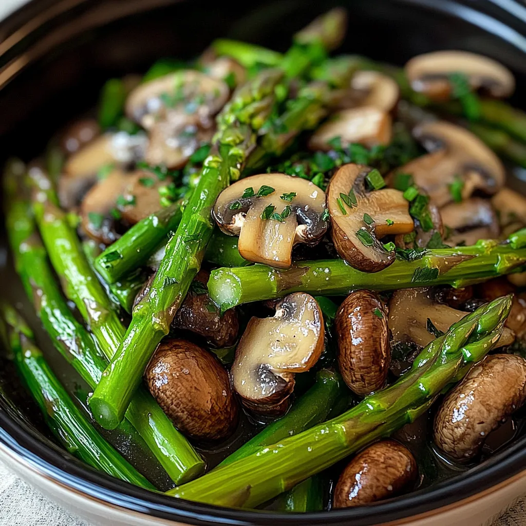 A bowl of mushrooms and asparagus.