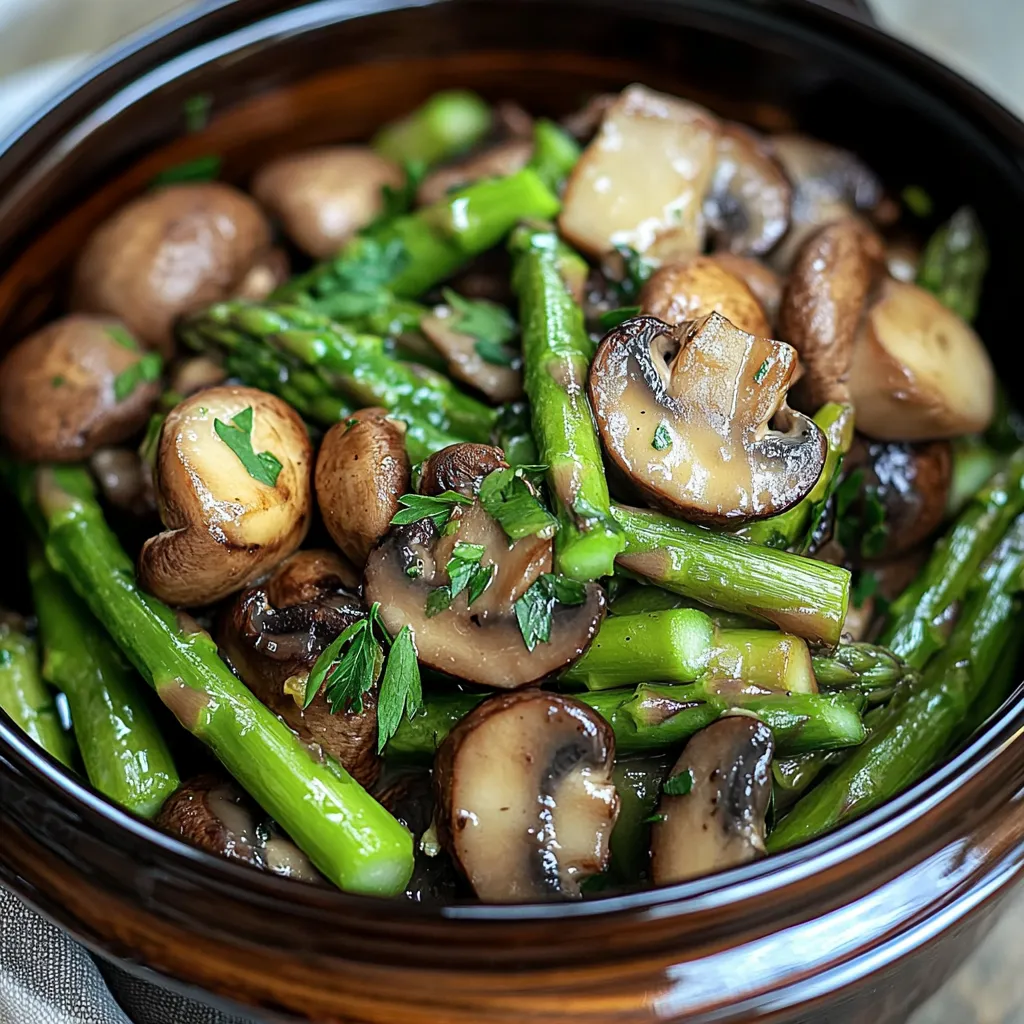 A bowl of mushrooms and asparagus.