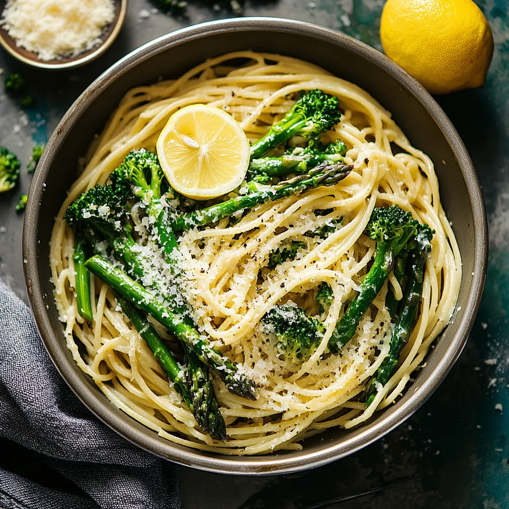 A bowl of spaghetti with broccoli and lemon.