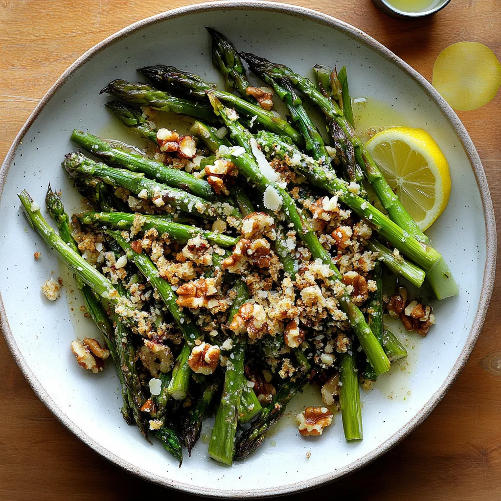 A plate of food with asparagus and lemon.