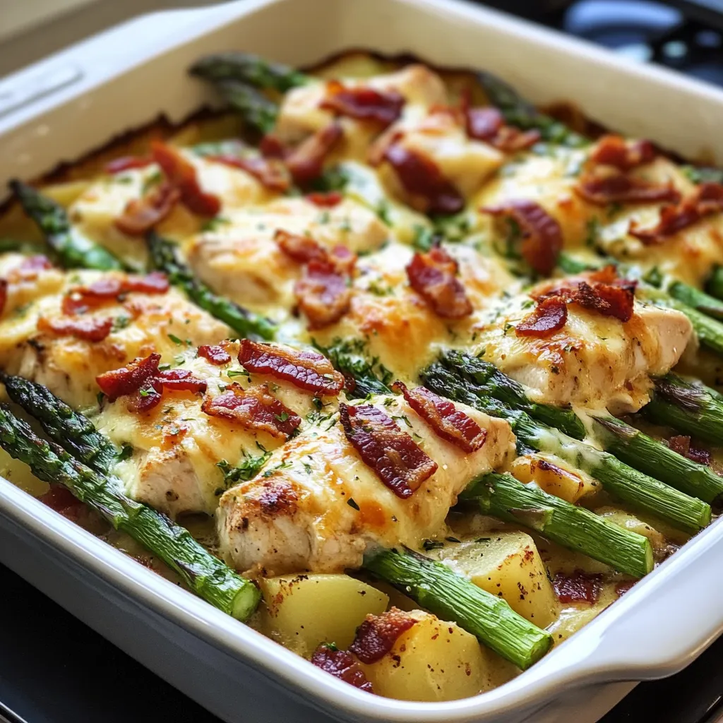 A dish of chicken and asparagus.