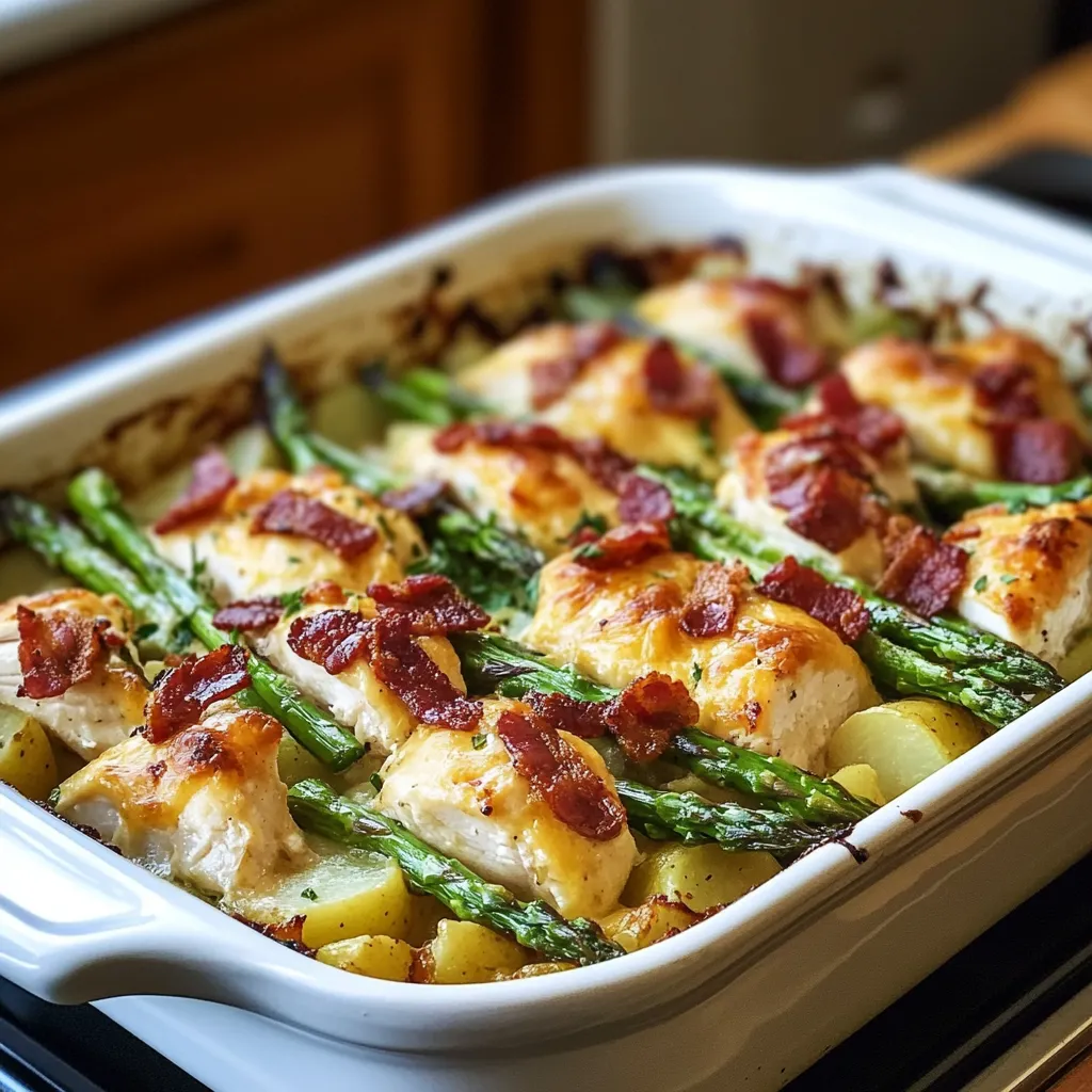 A dish of chicken and asparagus.