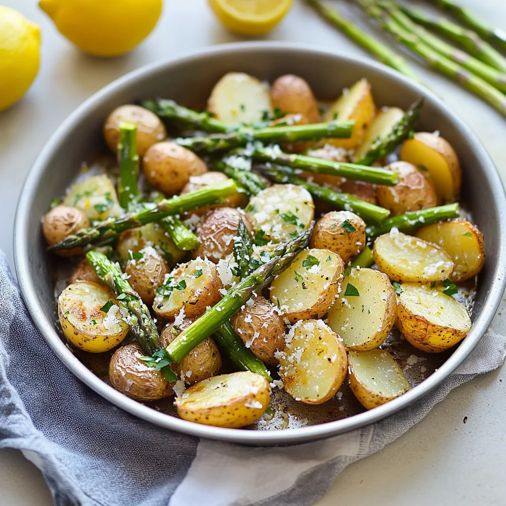 A bowl of food with potatoes, asparagus, and lemon.