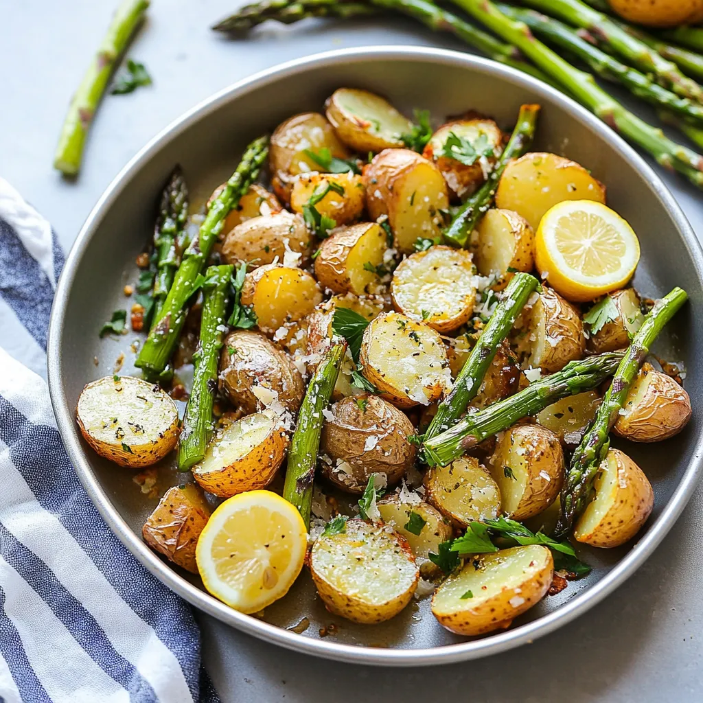 A plate of food with potatoes, asparagus, and lemon wedges.