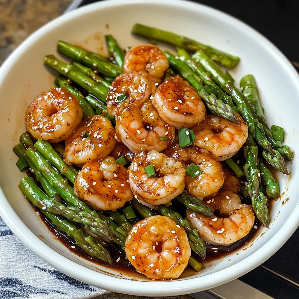 A bowl of shrimp and asparagus.