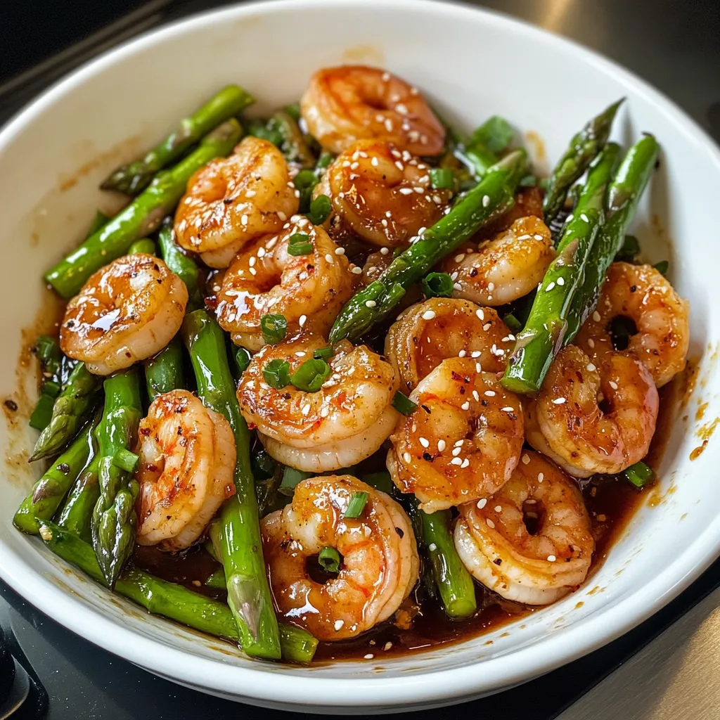 A bowl of shrimp and asparagus.