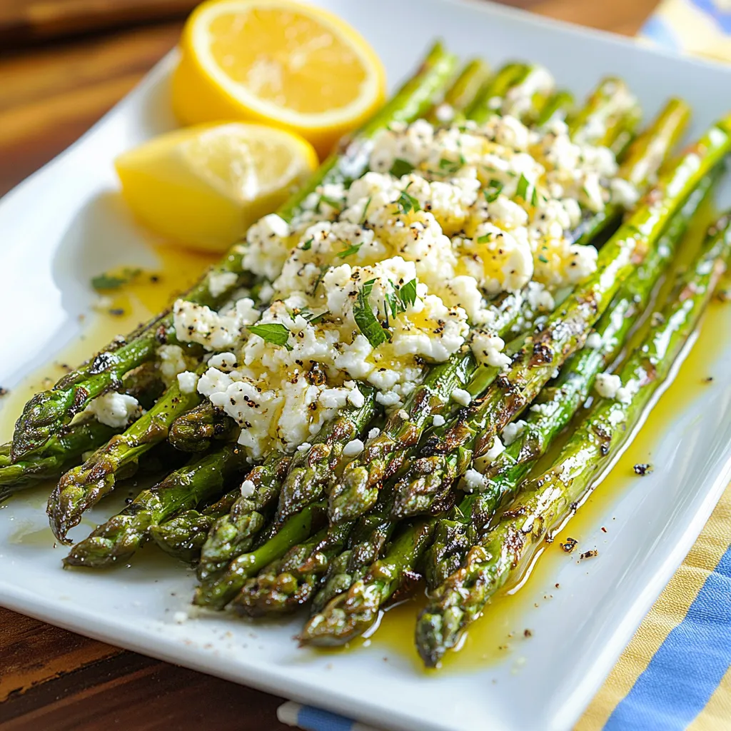 You’ll see grilled asparagus on a plate with crumbled cheese and sliced lemon.