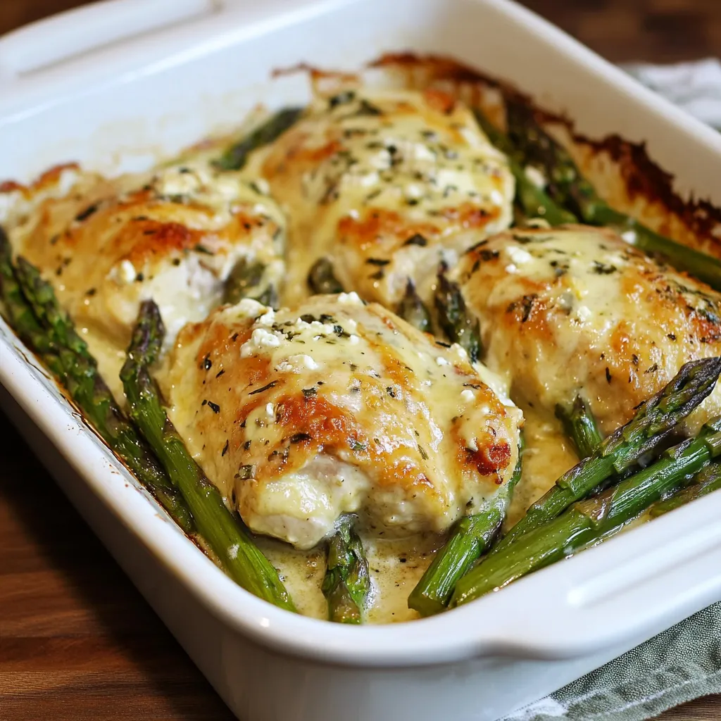 Chicken and asparagus sitting in a white bowl.