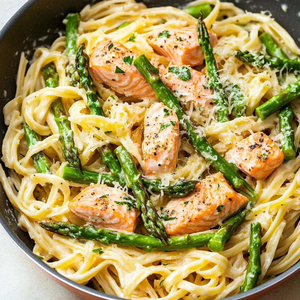 Bowl packed with salmon, asparagus, and creamy pasta.