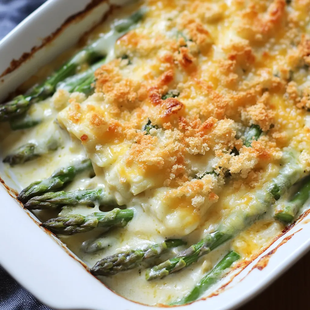 Bowl filled with cheesy asparagus bake.