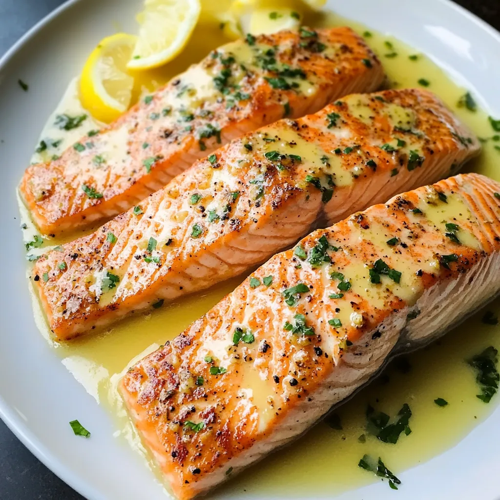 Two salmon pieces with lemon slices and herbs served on a plate.