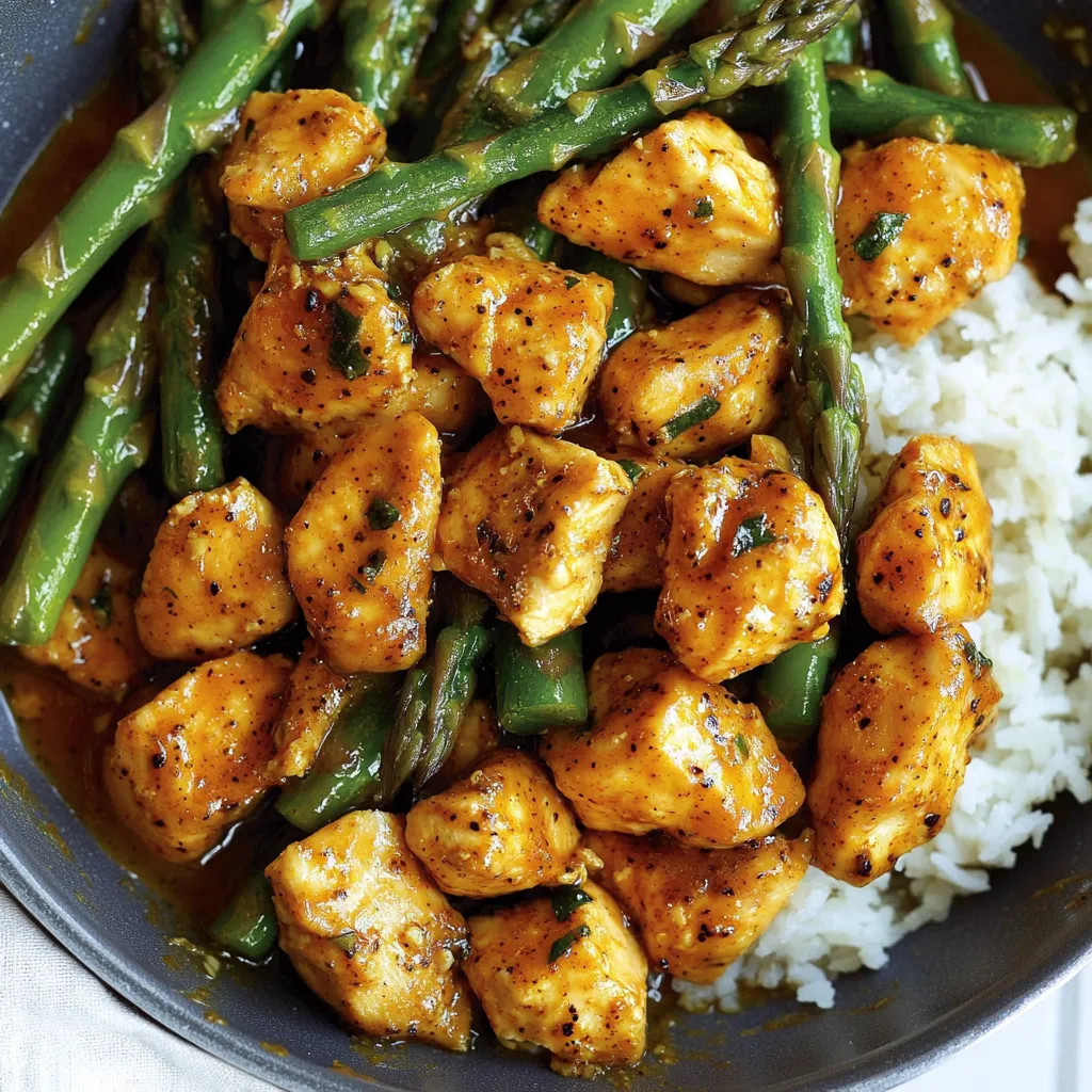 A bowl of juicy chicken and green asparagus.