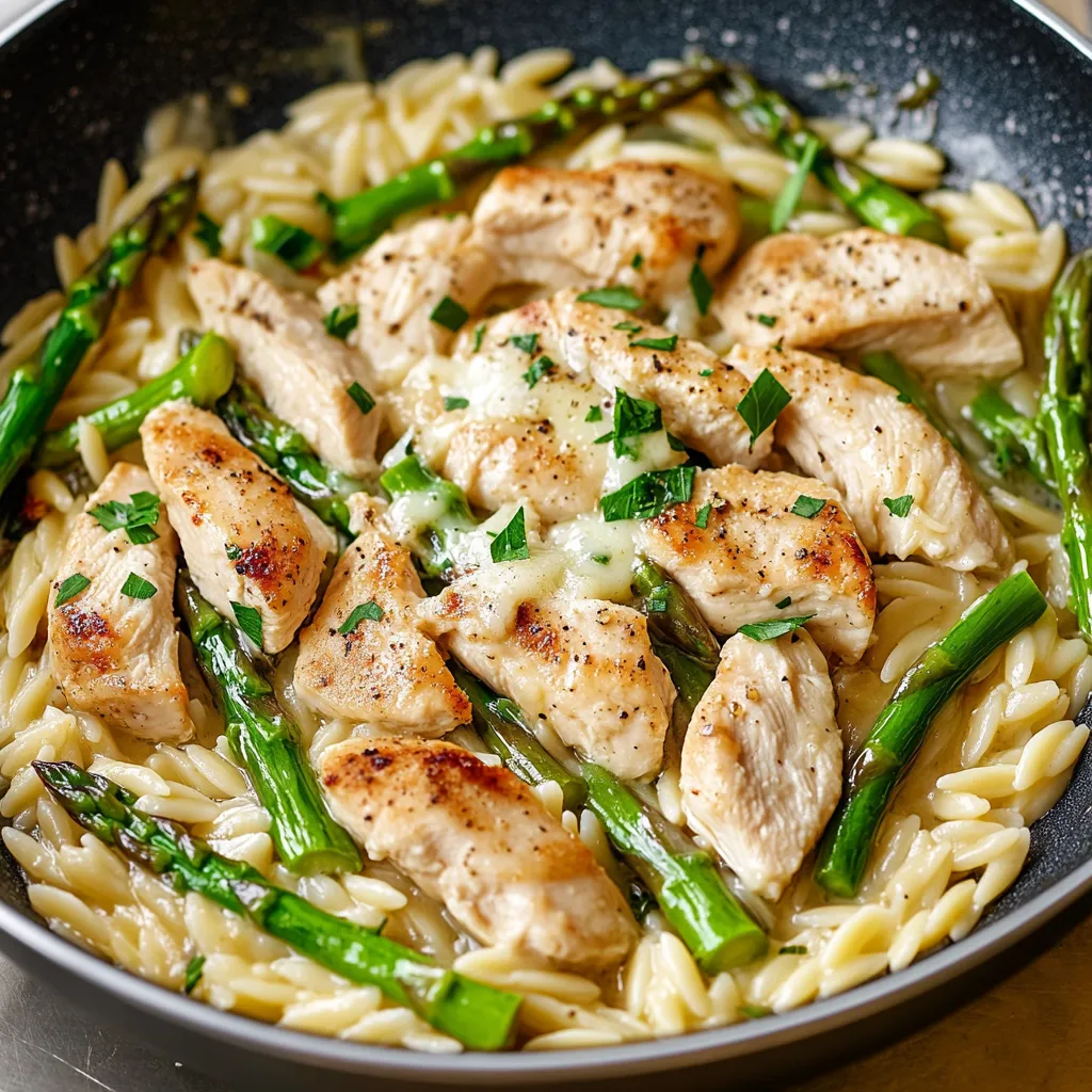 A bowl of chicken and asparagus.