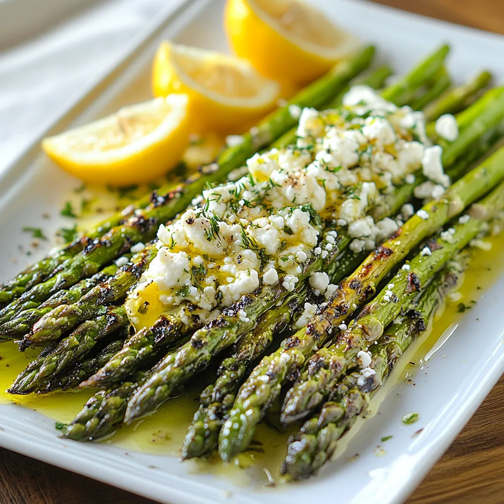 A plate of asparagus with feta cheese and lemon.