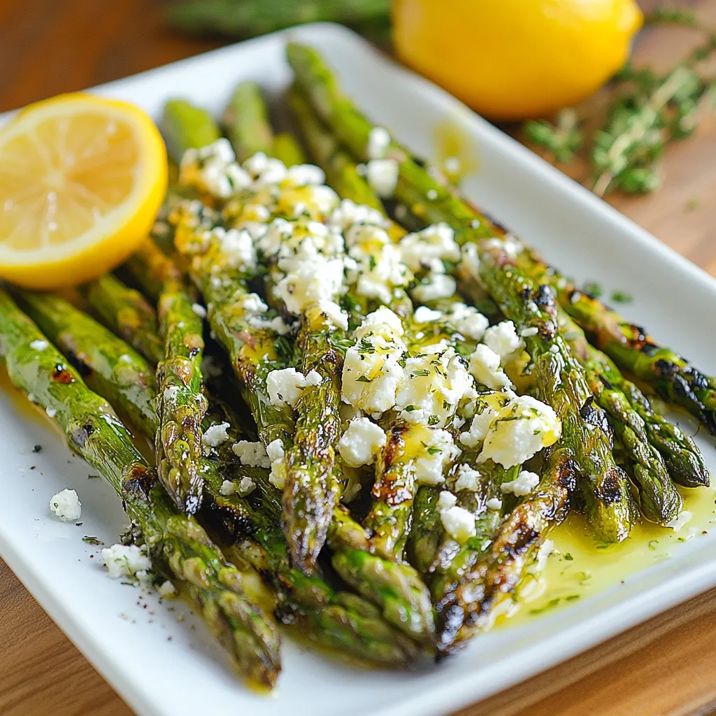 A plate of asparagus with feta cheese and lemon.