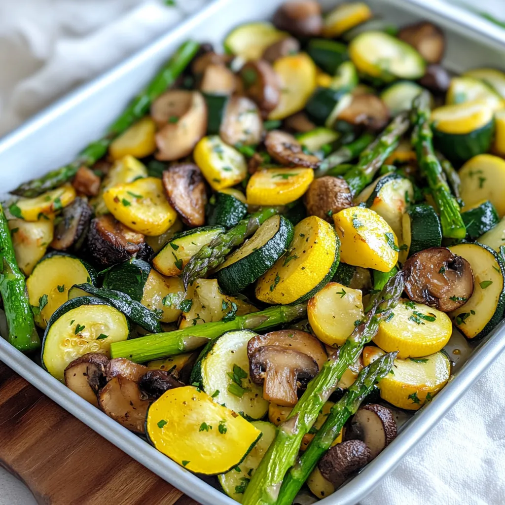 A pan of vegetables including zucchini, mushrooms, and asparagus.