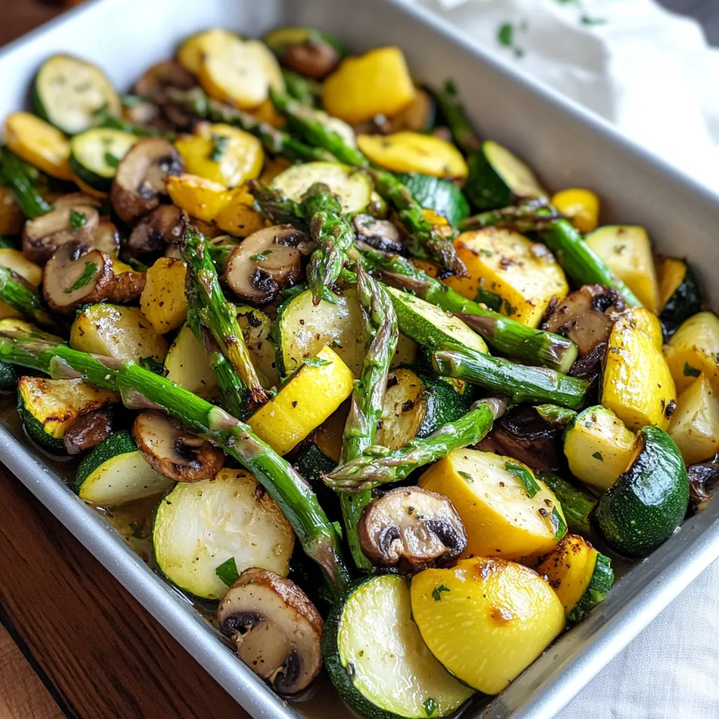 A dish of vegetables including zucchini, asparagus, and mushrooms.