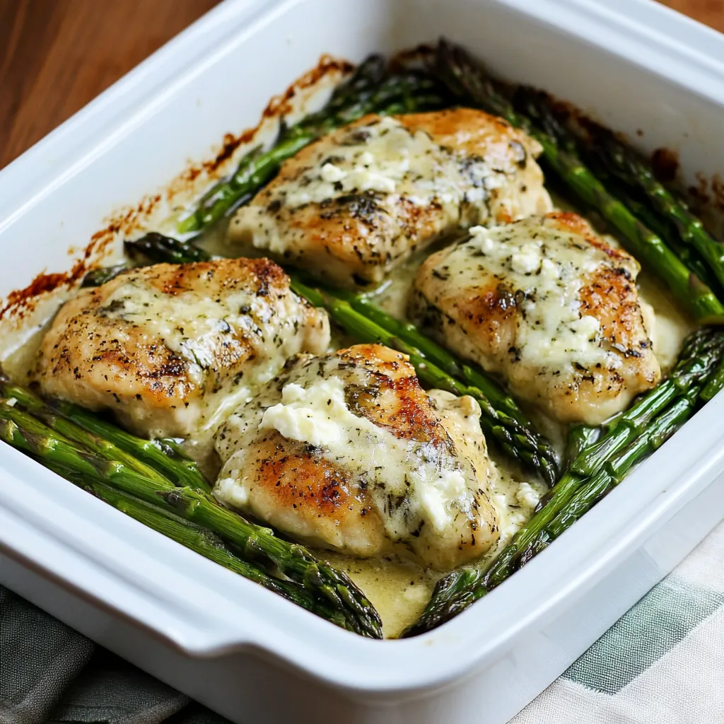 A dish of chicken and asparagus.