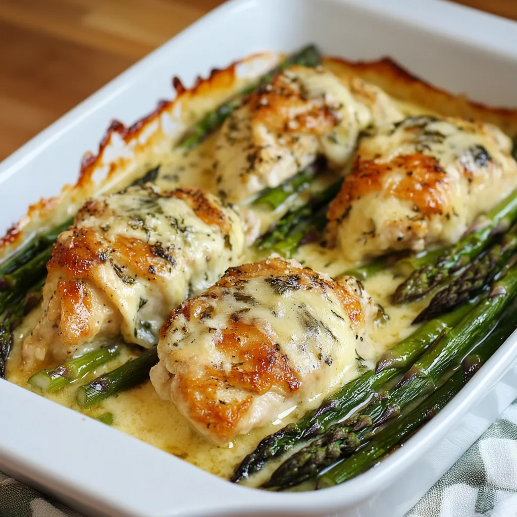 A white bowl filled with chicken and asparagus.