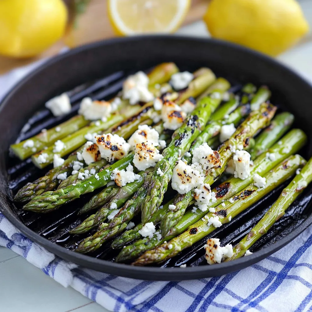 A plate of asparagus with feta cheese and lemon.