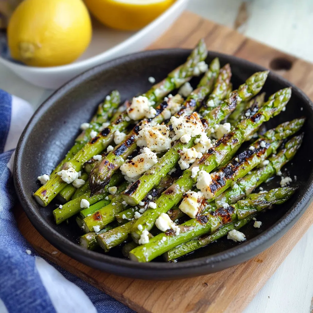 A plate of grilled asparagus with feta cheese.