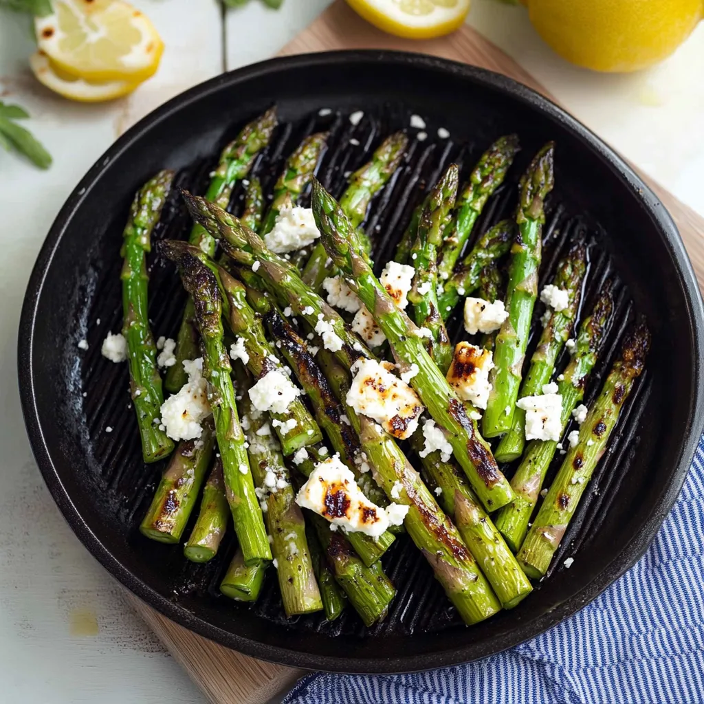 A plate of grilled asparagus with feta cheese.