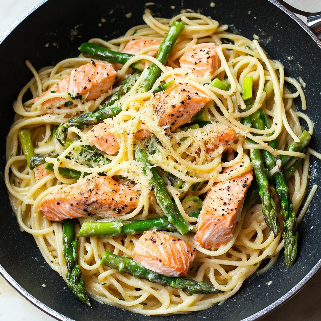 A bowl of spaghetti with salmon and asparagus.