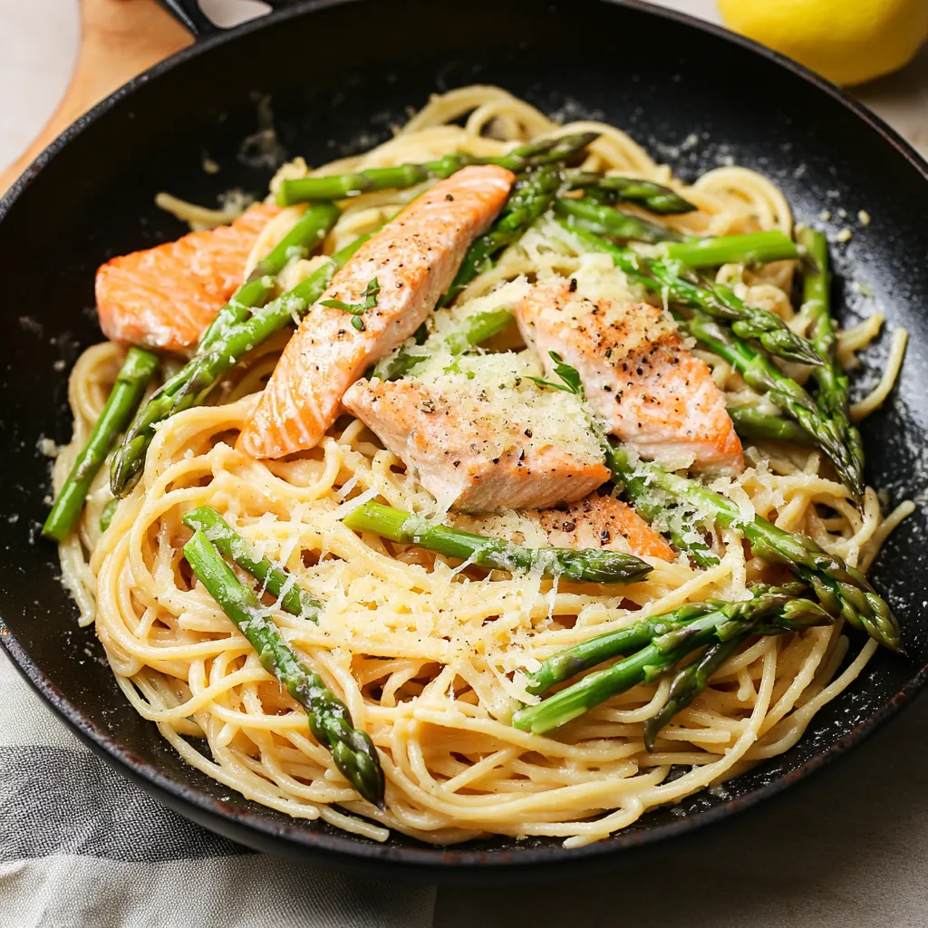 A bowl of pasta with fish and asparagus.