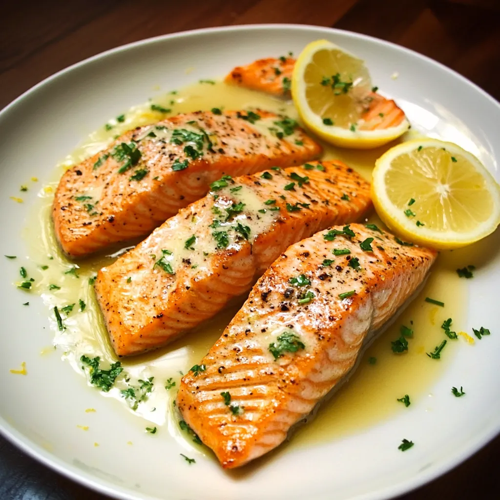 A plate of fish with lemon wedges on top.